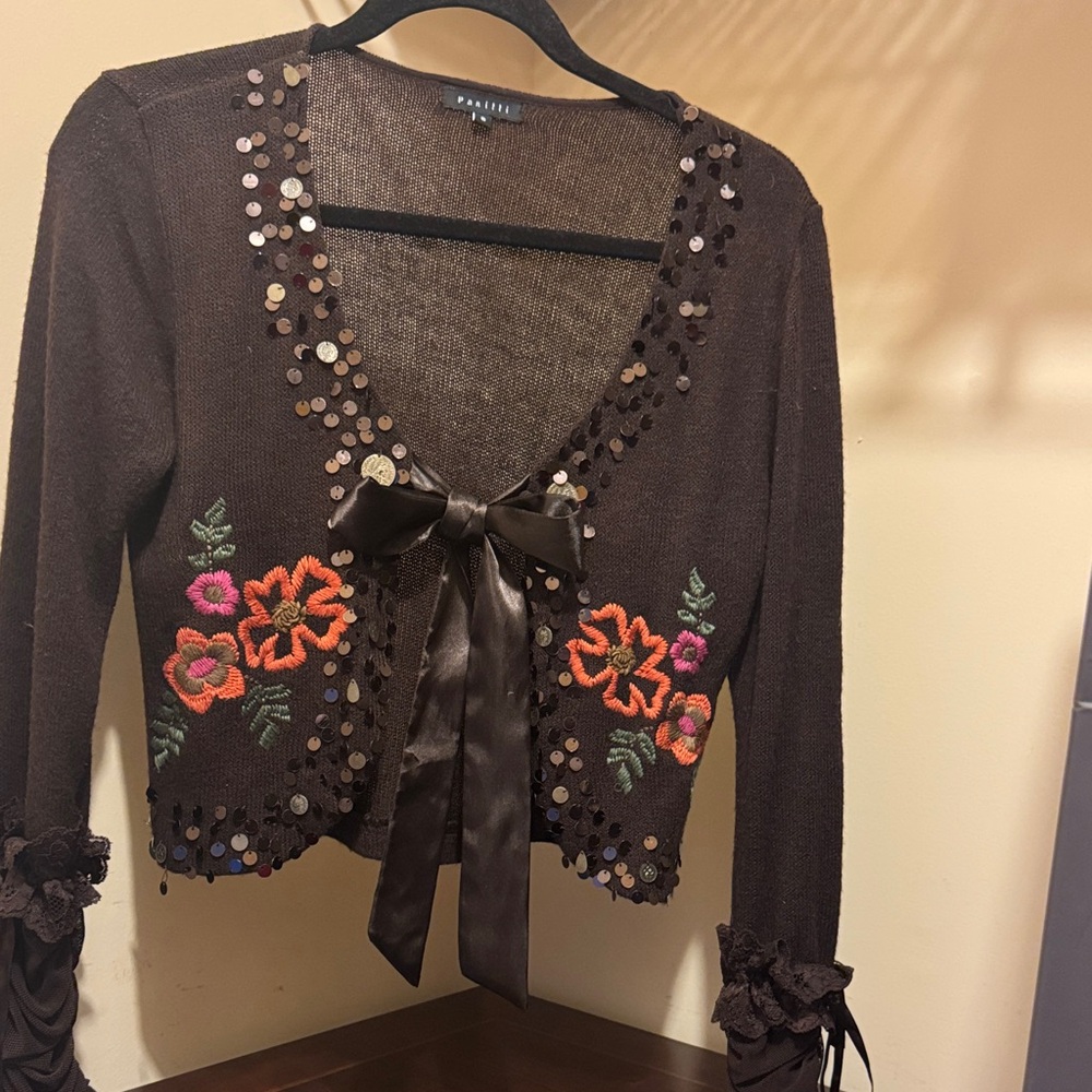 Brown Floral Embellished Cardigan
